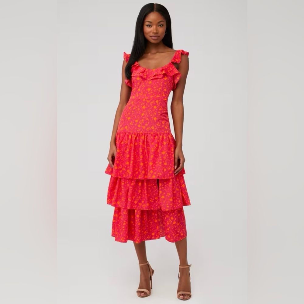 Likely Janie Floral Ruffle Tiered Midi Dress NWT Fuchsia Orange Size 00/XS